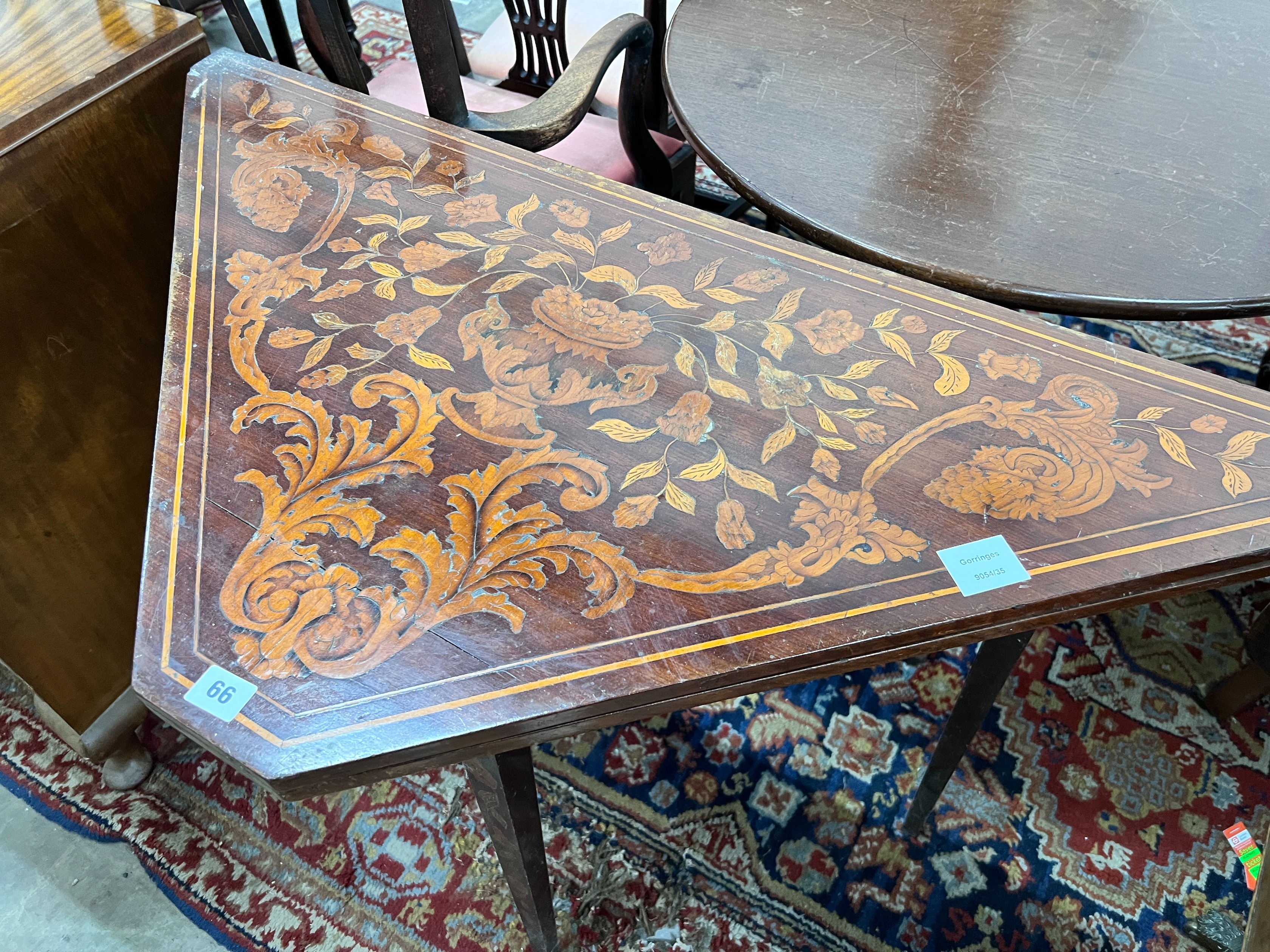 A 19th century Dutch mahogany and floral marquetry inlaid walnut folding card table, width 104cm, depth 52cm, height 77cm *Please note the sale commences at 9am.